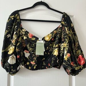 H&M XL Floral Crop Blouse with Puff Sleeves